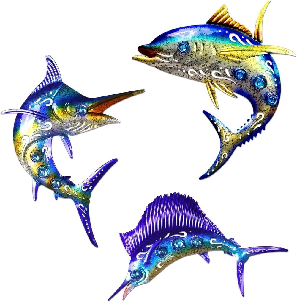 8262 Metal Fish Wall Art Decor, 3-Piece Marlin Tuna Swordfish Set, Blue